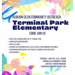 Join the fun tomorrow evening from 4:30pm - 6:00pm! Terminal Park Elementary will be hosting a community outreach in the cabana with resource information, Kindergarten registration, a book give away, refreshments and more! We look forward to seeing you all there! Instagram post from @auburnglen on May 08, 2024 13:08:13pm